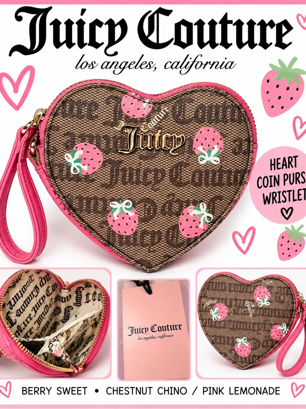 Juicy Couture Berry Sweet Strawberry Heart Coin Purse Wristlet NWT